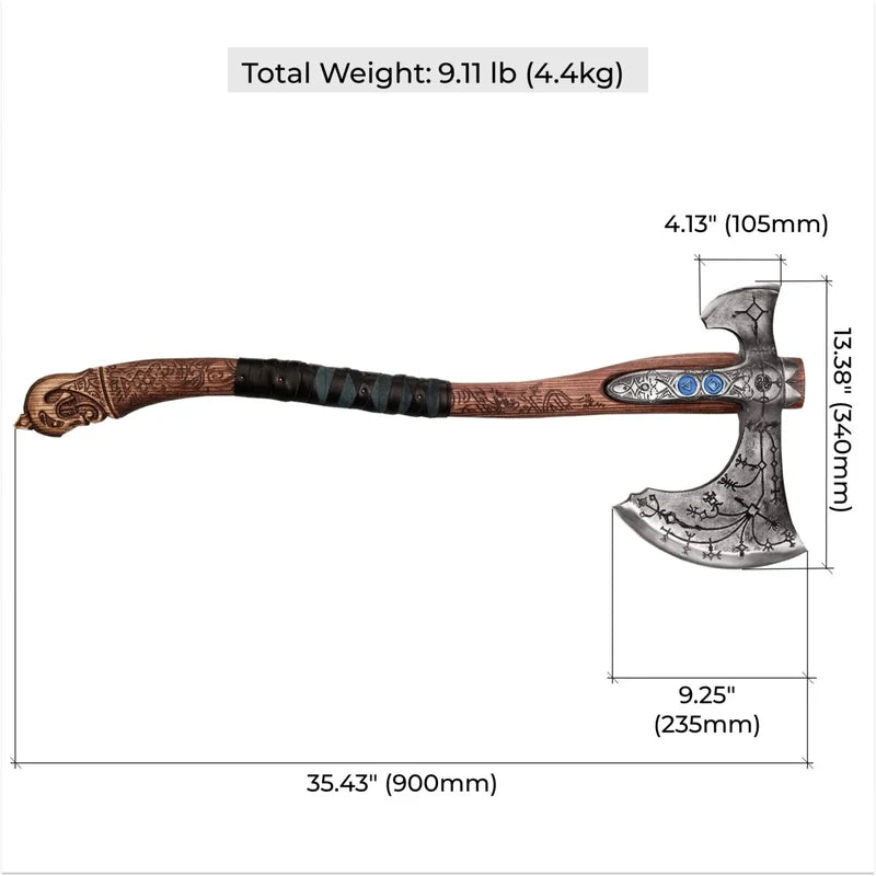 Decorative axe with detailed design, weight, and dimensions displayed on a white background