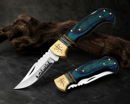 Handcrafted Lord of the Rings folding pocket knife featuring a 420HC stainless steel blade, blue Pakka wood handle, back lock design, and premium craftsmanship.