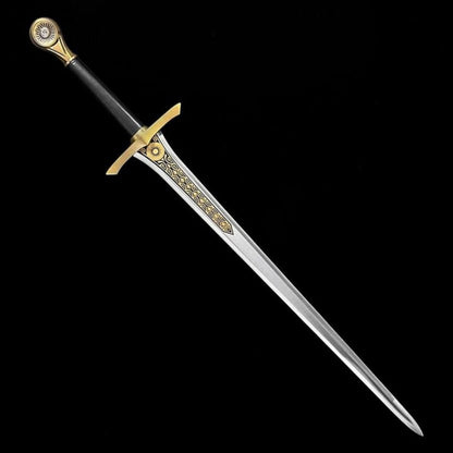 Full view of a handcrafted medieval fantasy sword with a polished carbon steel blade, decorative brass guard, and black ergonomic handle.