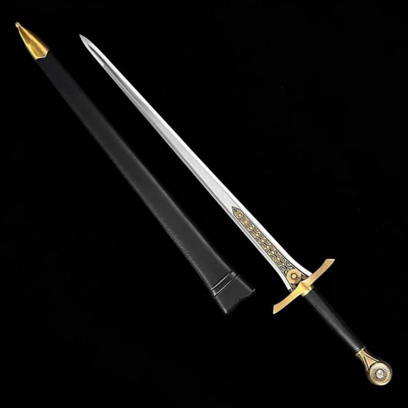 Handcrafted medieval fantasy sword displayed with a matching black scabbard, polished carbon steel blade, and decorative brass fittings.