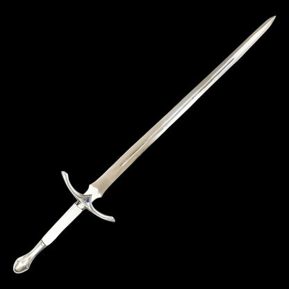 Handcrafted medieval long sword with polished straight blade, white handle, decorative crossguard, and premium leather scabbard for collectors and display.