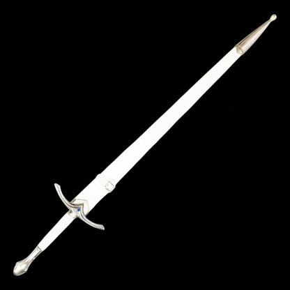 Handcrafted medieval long sword with white handle displayed inside a premium leather scabbard, designed for collectors, home décor, and display collections.