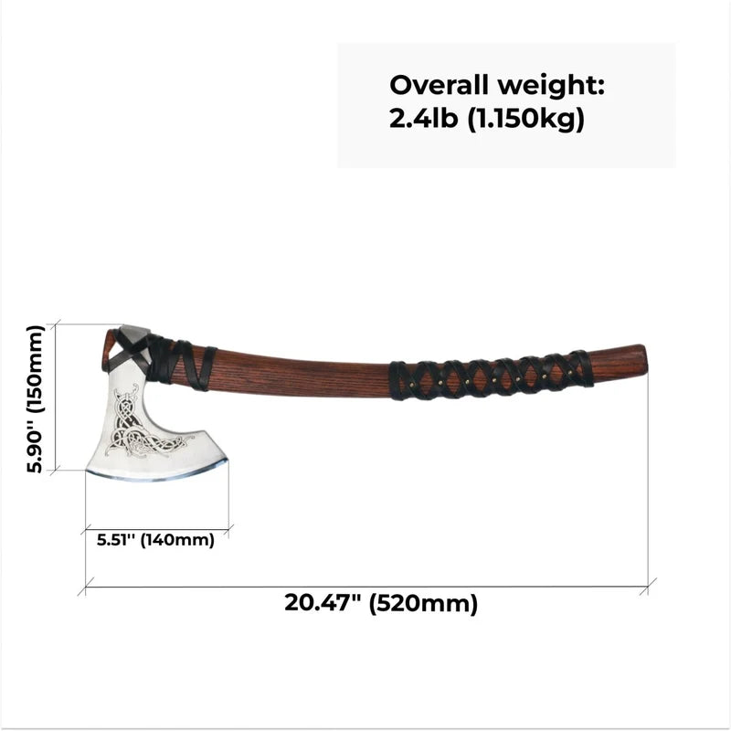 Axes with dimensions and weight information on a white background