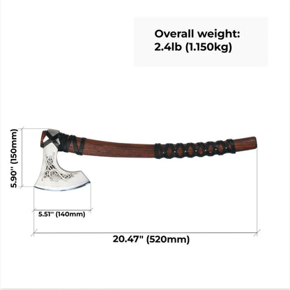 Axes with dimensions and weight information on a white background