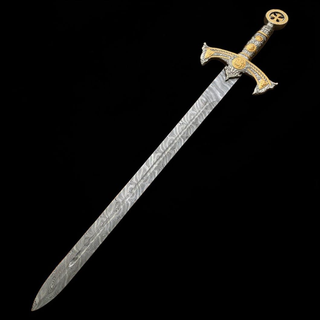 Full-length handmade Damascus steel Templar longsword with engraved metal handle and decorative medieval-inspired design.