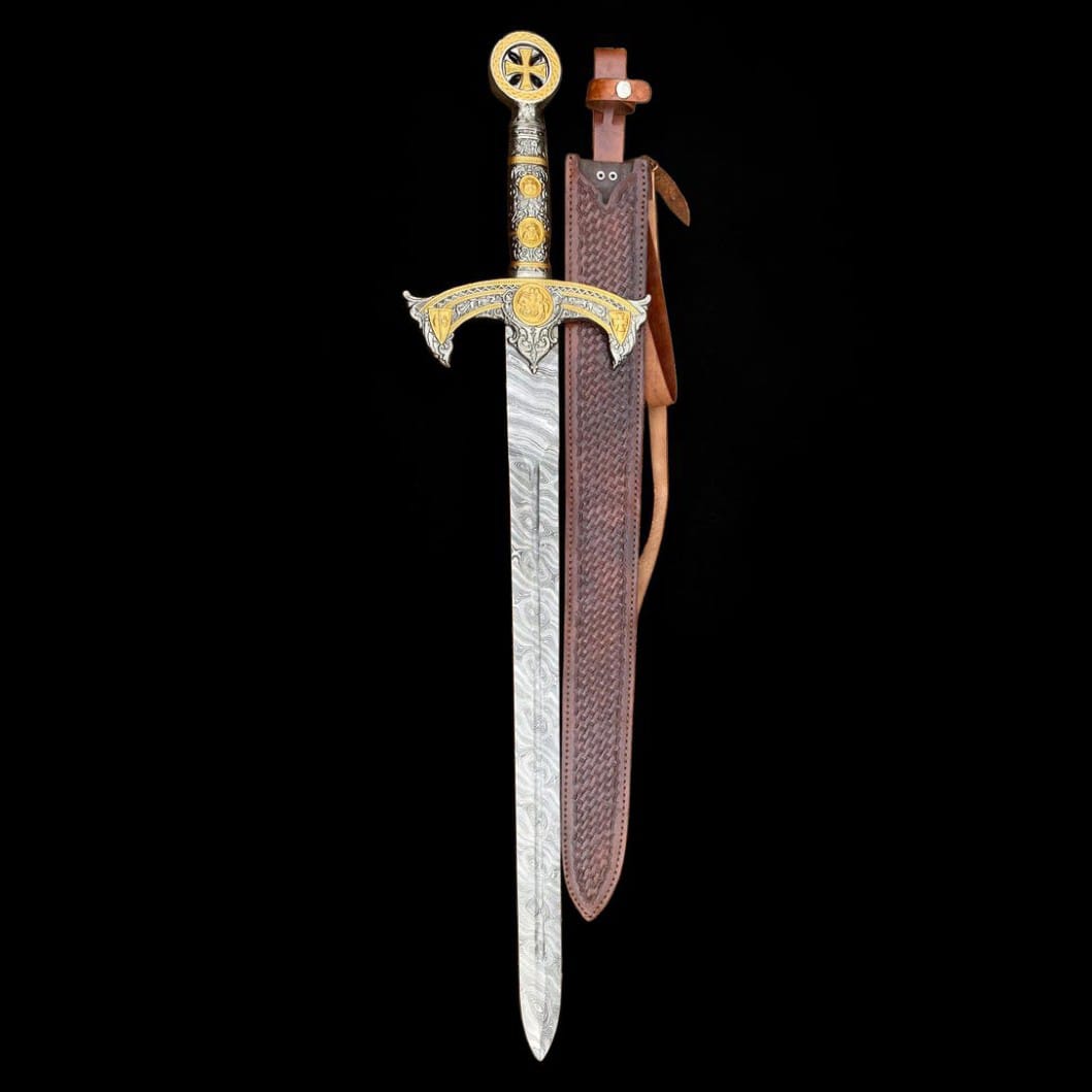Handmade Damascus steel Templar sword displayed alongside a brown leather sheath with detailed craftsmanship and decorative handle.
