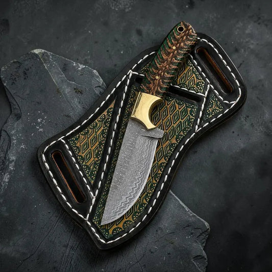 Handmade Damascus Cowboy Knife  8" Green Pine Cone Handle & Crossdraw Leather Sheath
