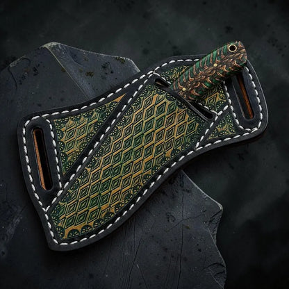 Handmade Damascus Cowboy Knife  8" Green Pine Cone Handle & Crossdraw Leather Sheath