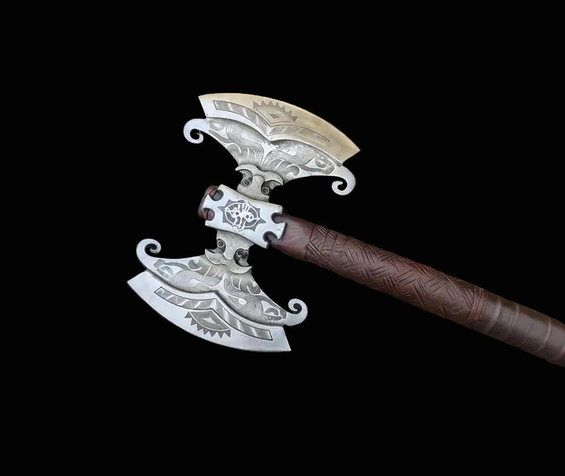 Personalized Hand-Forged Double Headed Viking Axe, Engraved Norse Axe with Leather Sheath