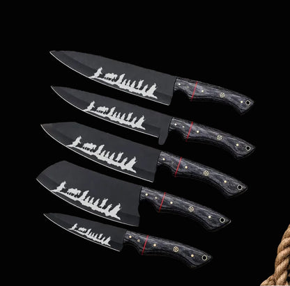 Hand Forged Carbon Steel Chef Knife Set 5 Pcs Luxury Handmade Kitchen Knives, Gift for Him & Her