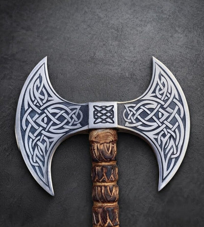 Hand Forged Viking Double Headed Axe 1095 Carbon Steel, Ash Wood Handle, Engraved Blades