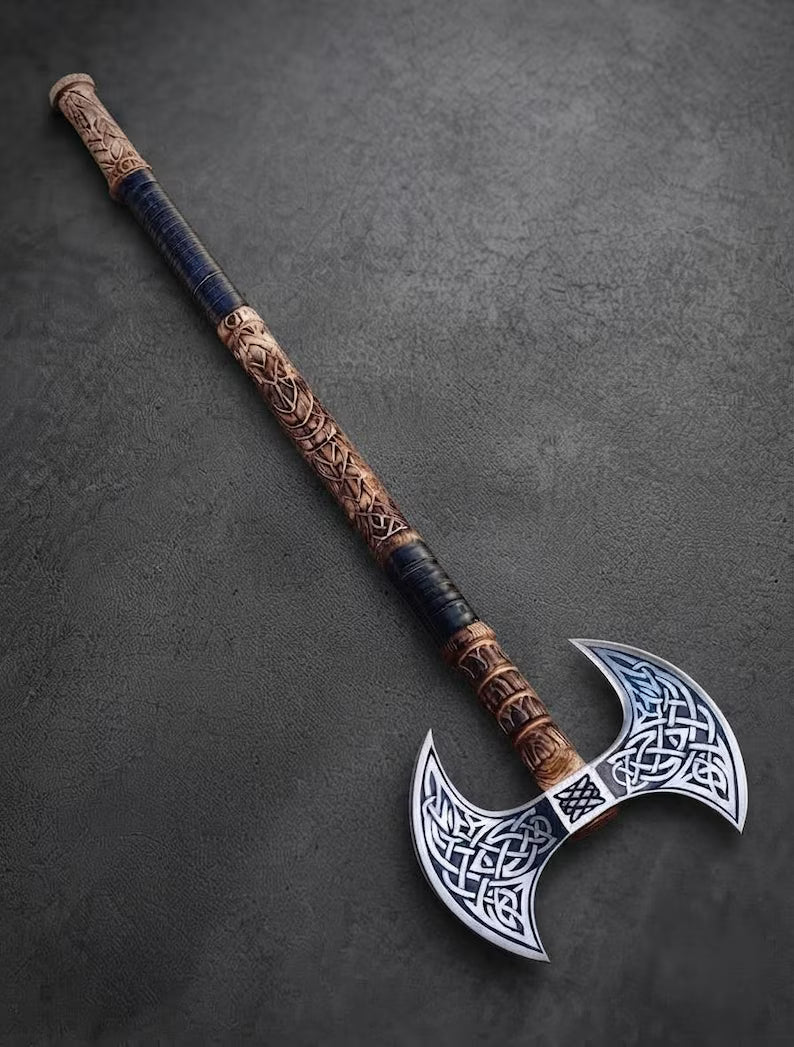 Hand Forged Viking Double Headed Axe 1095 Carbon Steel, Ash Wood Handle, Engraved Blades