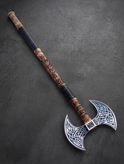 Hand Forged Viking Double Headed Axe 1095 Carbon Steel, Ash Wood Handle, Engraved Blades