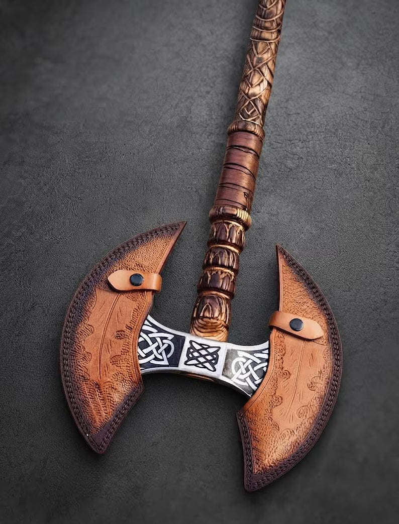 Hand Forged Viking Double Headed Axe 1095 Carbon Steel, Ash Wood Handle, Engraved Blades