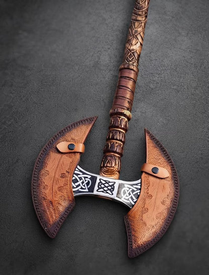 Hand Forged Viking Double Headed Axe 1095 Carbon Steel, Ash Wood Handle, Engraved Blades