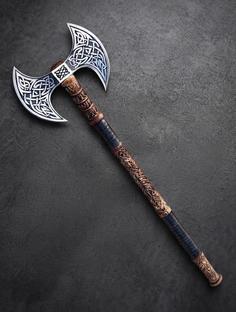Hand Forged Viking Double Headed Axe 1095 Carbon Steel, Ash Wood Handle, Engraved Blades