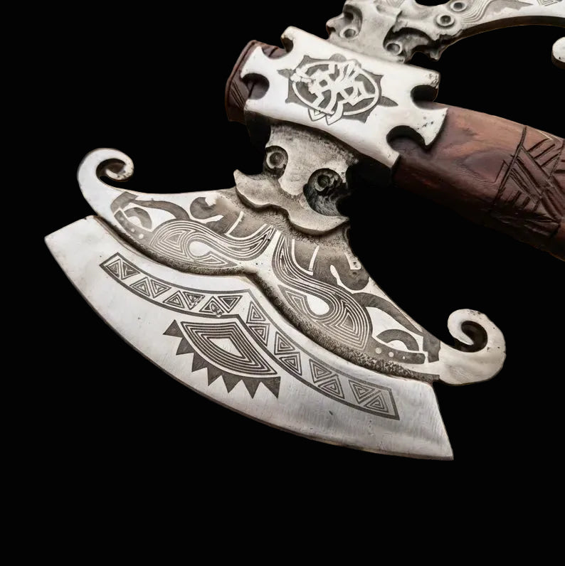 Personalized Hand-Forged Double Headed Viking Axe, Engraved Norse Axe with Leather Sheath