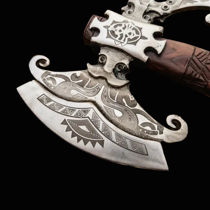 Personalized Hand-Forged Double Headed Viking Axe, Engraved Norse Axe with Leather Sheath