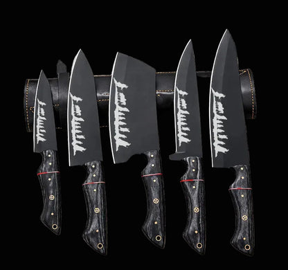Hand Forged Carbon Steel Chef Knife Set 5 Pcs Luxury Handmade Kitchen Knives, Gift for Him & Her