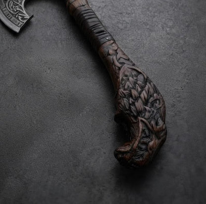 Hand Forged Viking Axe & Wolf Shield Set Rosewood Handle, Leather Wrap (Decorative)