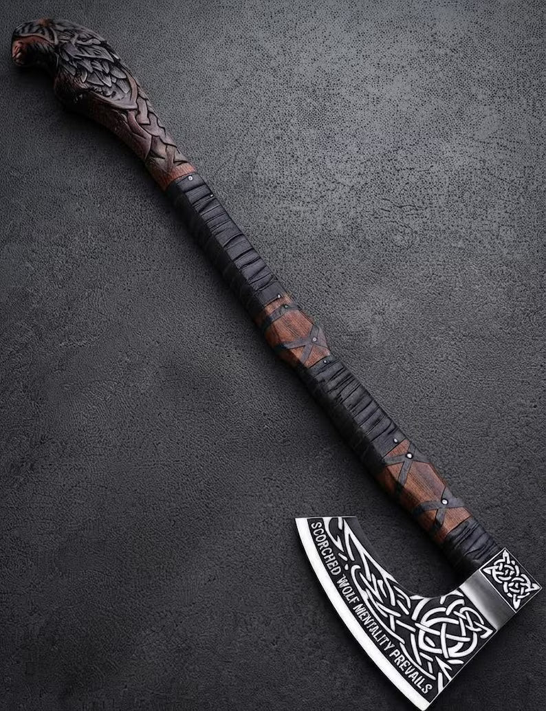Hand Forged Viking Axe & Wolf Shield Set Rosewood Handle, Leather Wrap (Decorative)