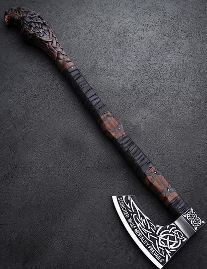Hand Forged Viking Axe & Wolf Shield Set Rosewood Handle, Leather Wrap (Decorative)