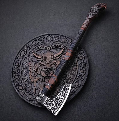 Hand Forged Viking Axe & Wolf Shield Set Rosewood Handle, Leather Wrap (Decorative)