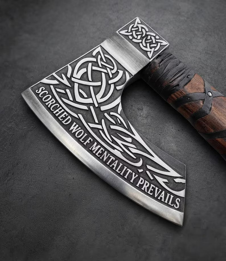 Hand Forged Viking Axe & Wolf Shield Set Rosewood Handle, Leather Wrap (Decorative)