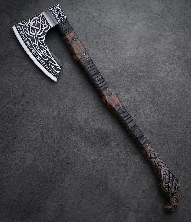 Hand Forged Viking Axe & Wolf Shield Set Rosewood Handle, Leather Wrap (Decorative)