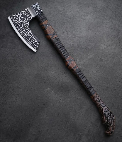 Hand Forged Viking Axe & Wolf Shield Set Rosewood Handle, Leather Wrap (Decorative)