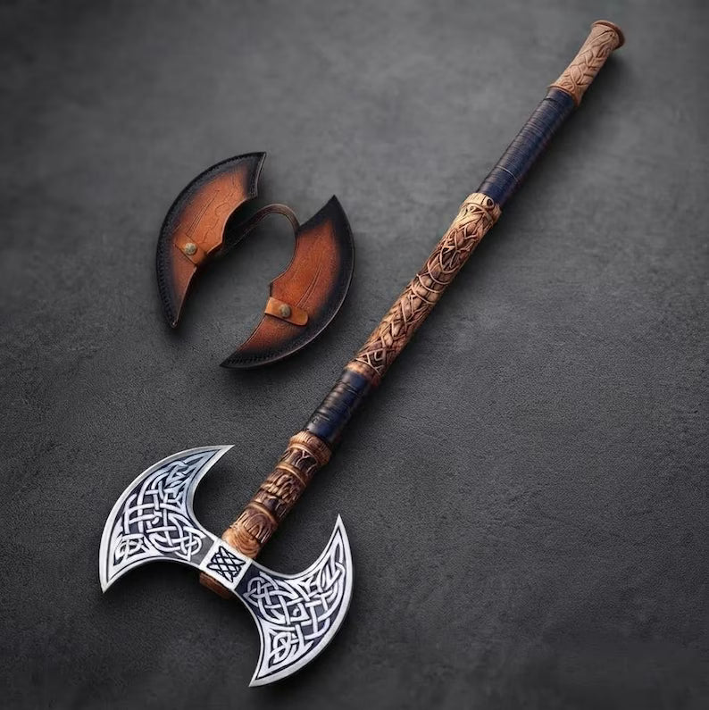 Hand Forged Viking Double Headed Axe 1095 Carbon Steel, Ash Wood Handle, Engraved Blades
