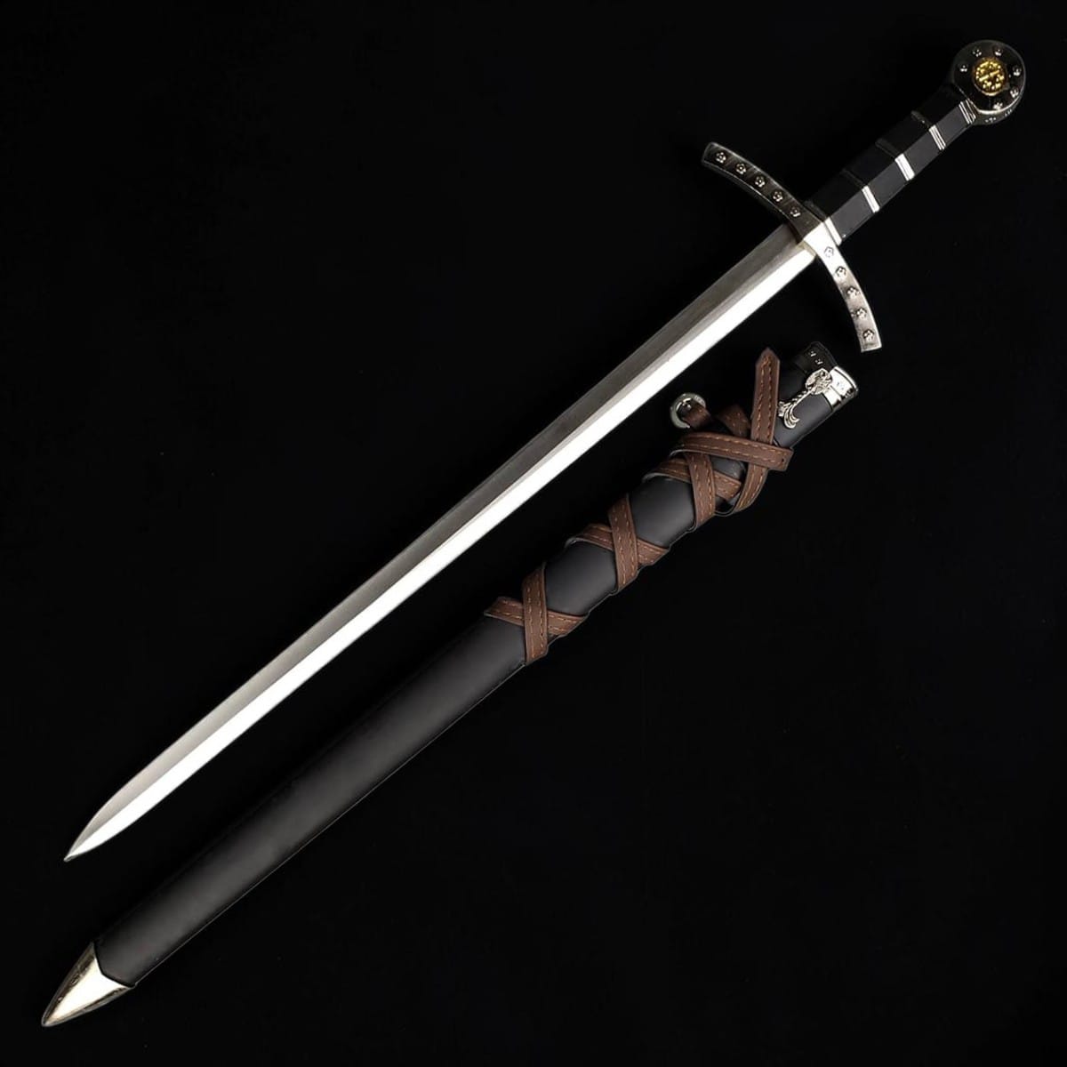 Knights Templar medieval sword with carbon steel blade and black scabbard displayed on a black background
