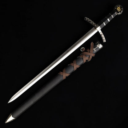 Knights Templar medieval sword with carbon steel blade and black scabbard displayed on a black background