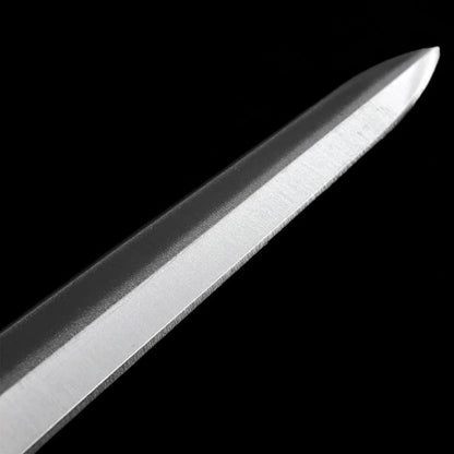 Close up of the carbon steel blade on the Knights Templar medieval sword with polished finish