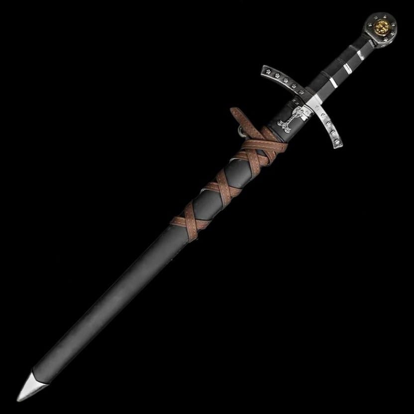 Knights Templar medieval sword with black scabbard and leather wrap displayed on a black background