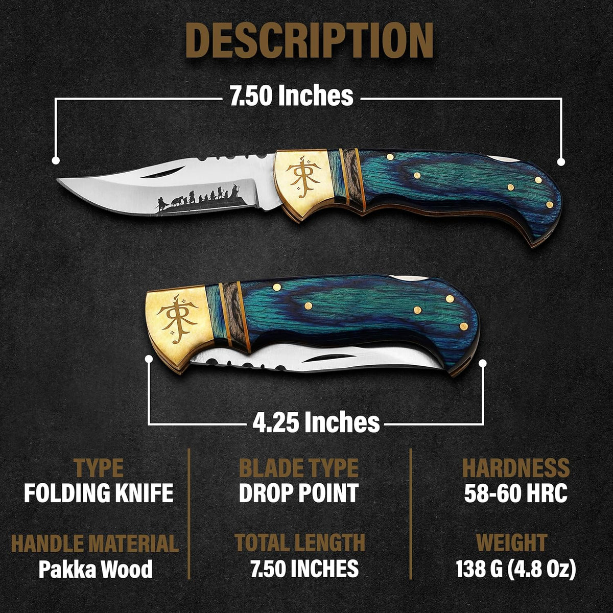 Lord of the Rings folding pocket knife dimensions featuring 420HC stainless steel blade, blue Pakka wood handle and drop point design