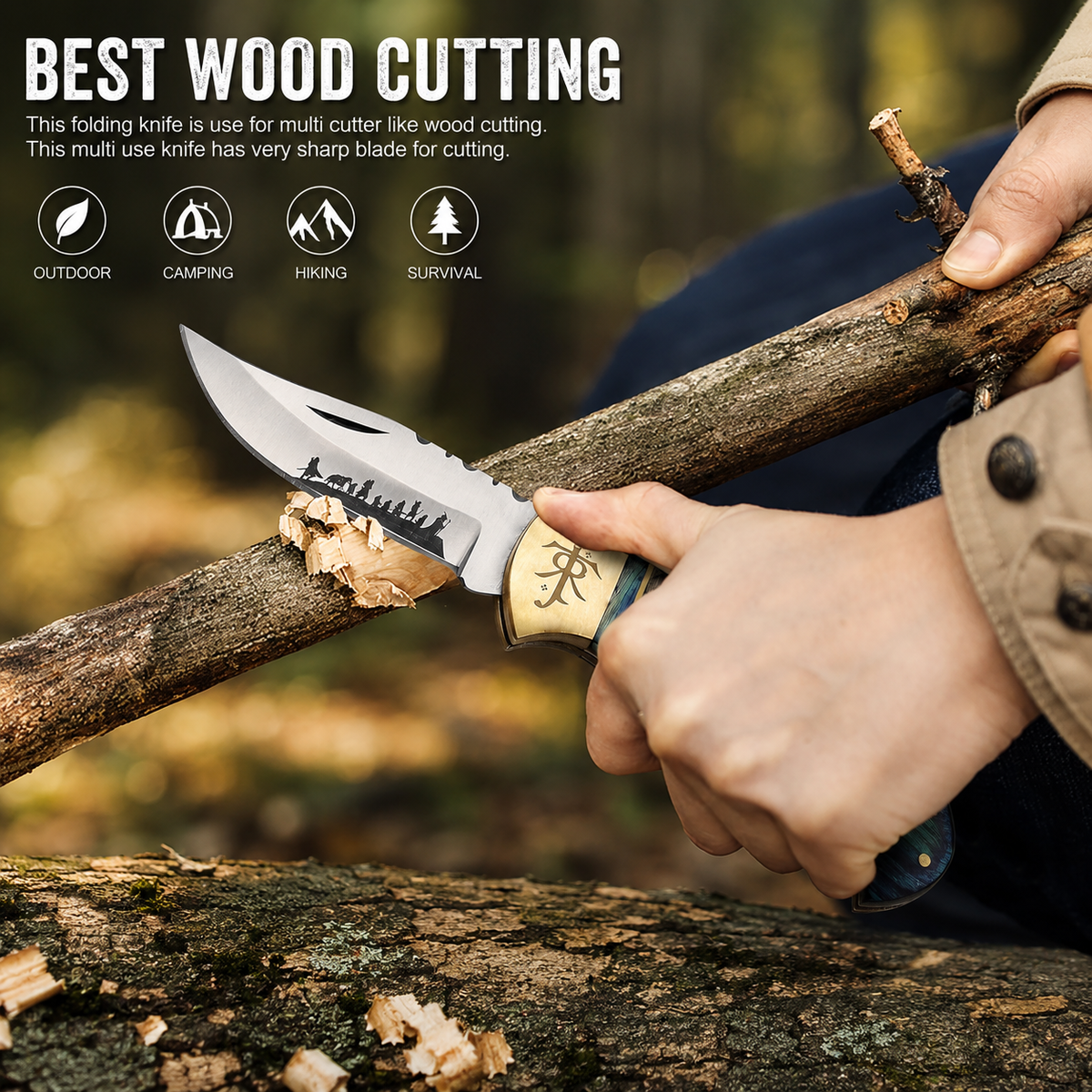 Lord of the Rings inspired folding pocket knife with blue Pakka wood handle shown during outdoor camping activity, featuring a durable 420HC stainless steel blade.
