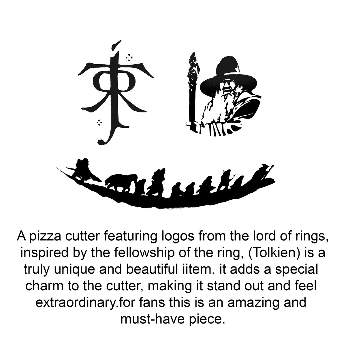 Close-up of the engraved fantasy-inspired artwork featuring Tolkien-inspired monogram, wizard design, and fellowship silhouette on the handcrafted pizza cutter blade.