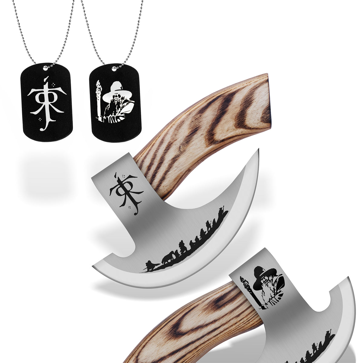 Handcrafted Lord of the Rings inspired pizza cutter with engraved stainless steel blade, natural wooden handle, fantasy gift locket necklaces, and leather sheath.