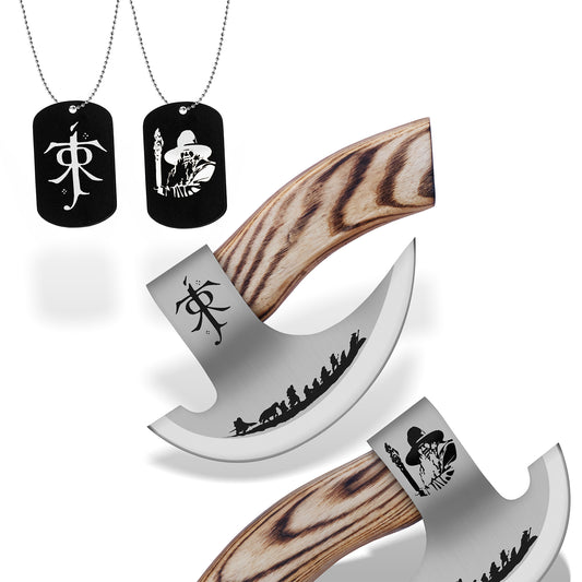 Handcrafted Lord of the Rings inspired pizza cutter with engraved stainless steel blade, natural wooden handle, fantasy gift locket necklaces, and leather sheath.