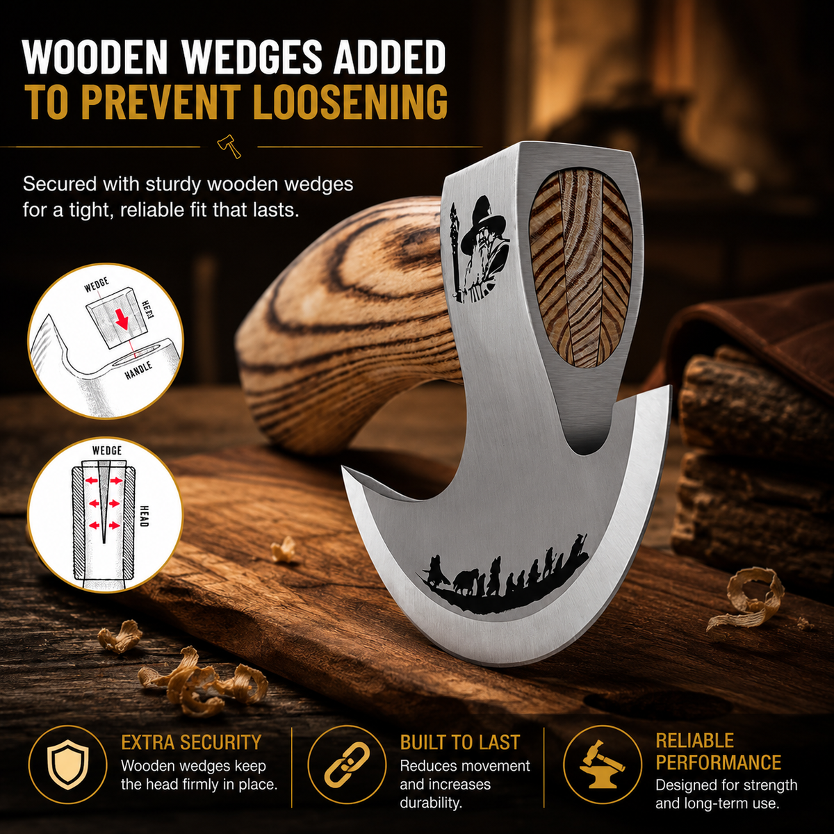 Handcrafted pizza cutter with durable wooden wedge construction, engraved stainless steel blade, and reinforced handle for long-lasting performance and stability.