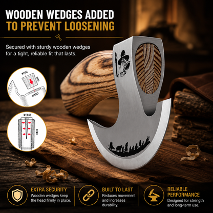 Handcrafted pizza cutter with durable wooden wedge construction, engraved stainless steel blade, and reinforced handle for long-lasting performance and stability.