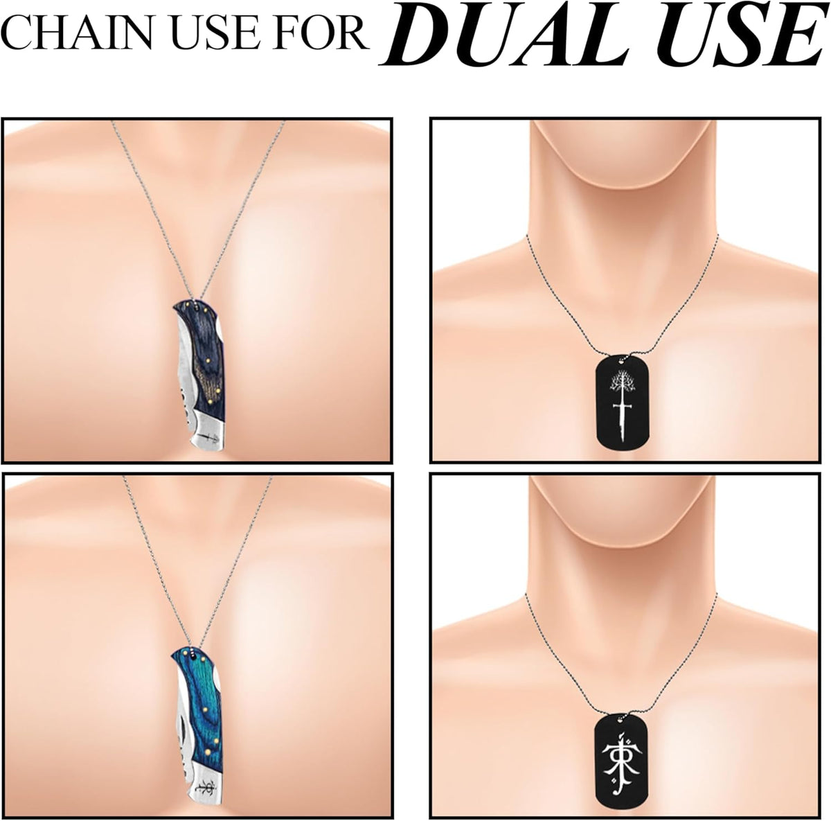Fantasy Inspired Engraved Gift Lockets with Folding Pocket Knife Necklace Set for Collectors, Outdoor Enthusiasts and Gift Giving