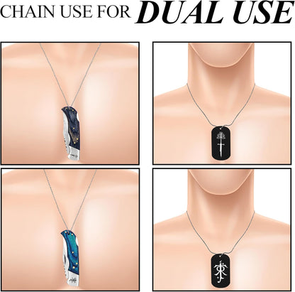 Fantasy Inspired Engraved Gift Lockets with Folding Pocket Knife Necklace Set for Collectors, Outdoor Enthusiasts and Gift Giving