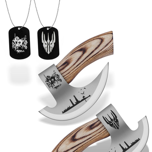 Lord of the Rings inspired engraved pizza cutter with premium wood handle and matching collectible dog tag gift