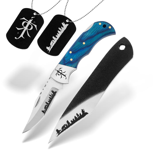 2-piece Lord of the Rings inspired pocket knife and kiridashi blade set with blue wood handle, stainless steel blades and matching engraved gift necklace