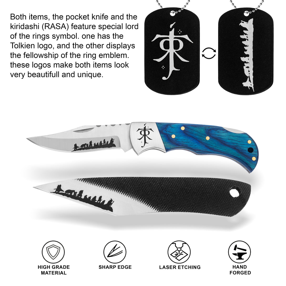 Lord of the Rings inspired pocket knife and kiridashi blade featuring engraved Tolkien-inspired artwork with matching collectible necklace and blue wood handle
