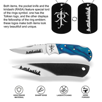 Lord of the Rings inspired pocket knife and kiridashi blade featuring engraved Tolkien-inspired artwork with matching collectible necklace and blue wood handle