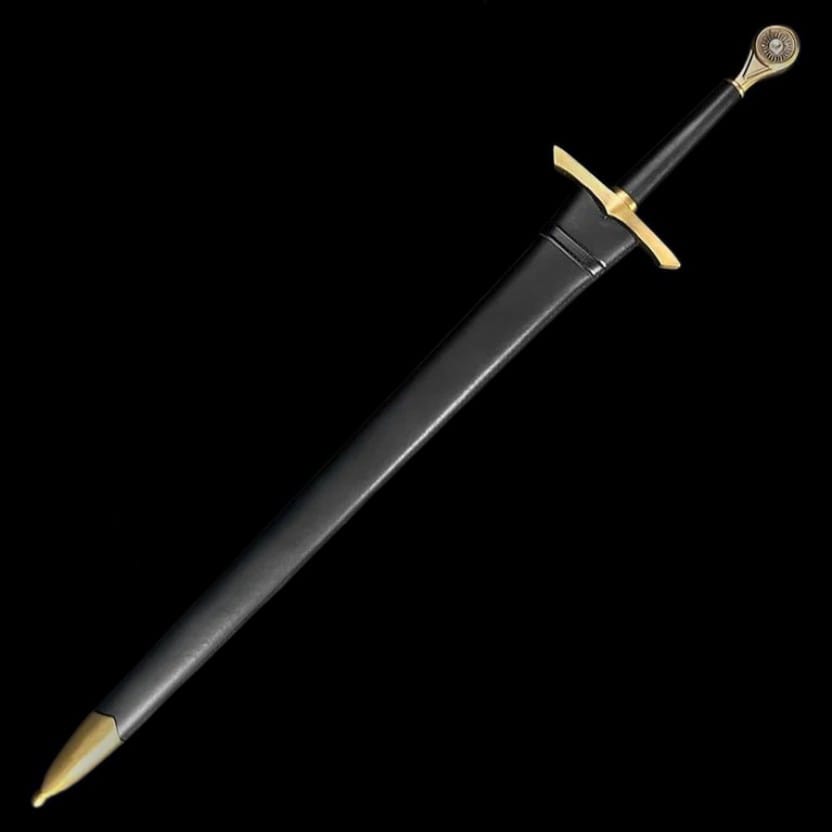 Handcrafted medieval fantasy sword stored in a matching black scabbard with decorative brass accents and premium craftsmanship.