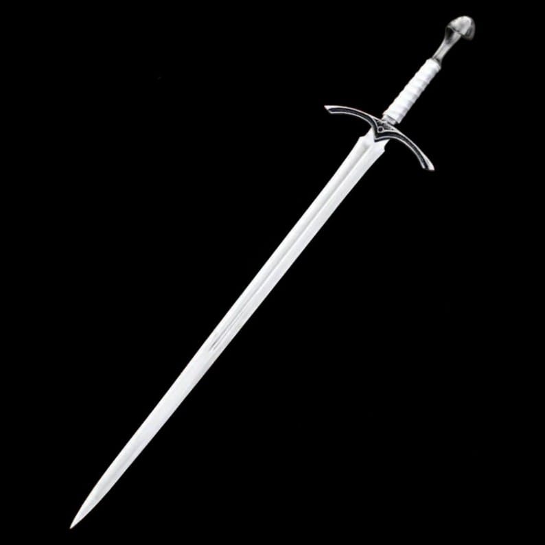 Full length image of a handmade medieval knight longsword featuring a polished high steel blade and white leather wrapped handle
